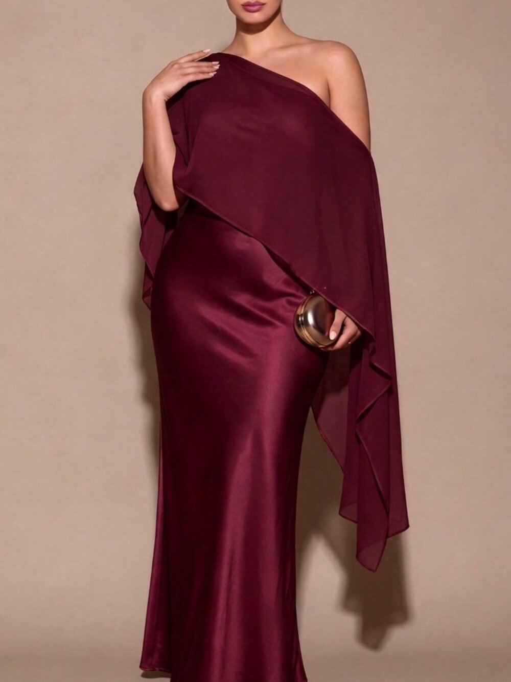 Burgundy Party Women's Plus Size Long Asymmetrical Shoulder Dress - Picture 4 of 7